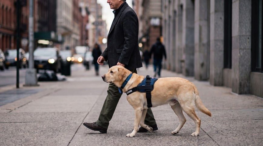 man, dog, guide dog, sidewalk, city, walking, fashion, winter, stroll, walking a dog, sweater, senior citizen, urban scene, architecture, bustling, animal, traffic, grey hair, calm, pet, american dream, busy street